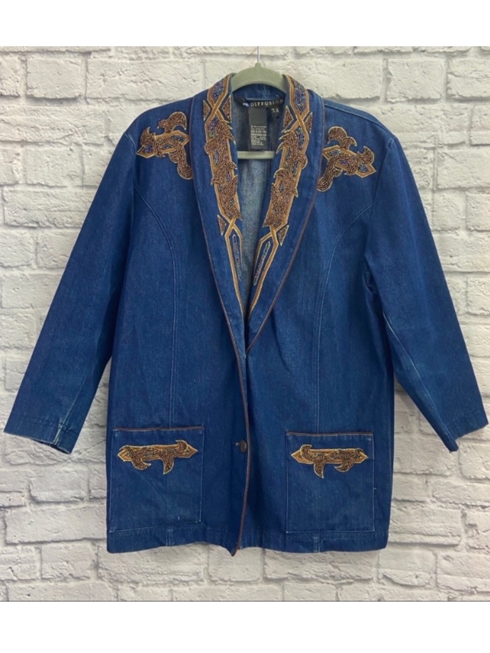 VTG 90’s I.B Diffusion Womens Aztec Jean Jacket Size 4 Denim Blazer Beaded Blue